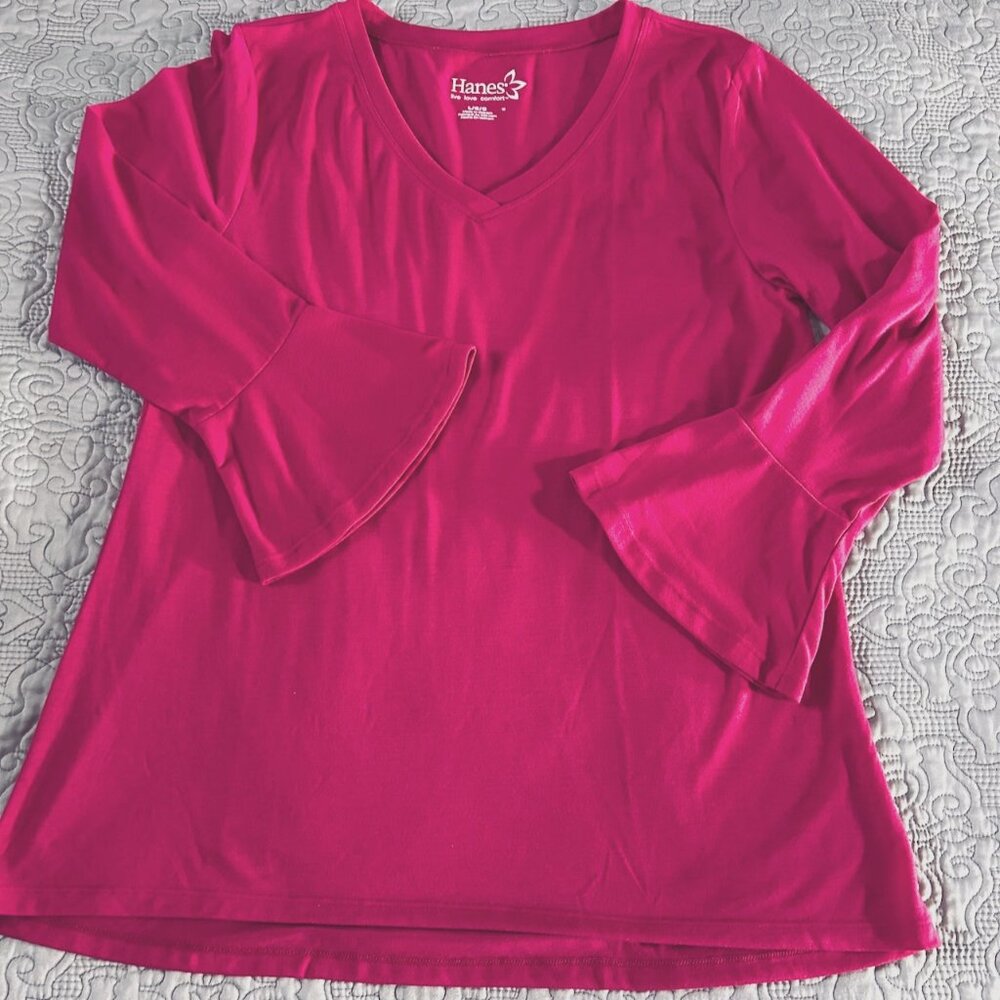 Hot Pink Hanes Ladies T-Shirt with bell sleeves, size L,  EUC